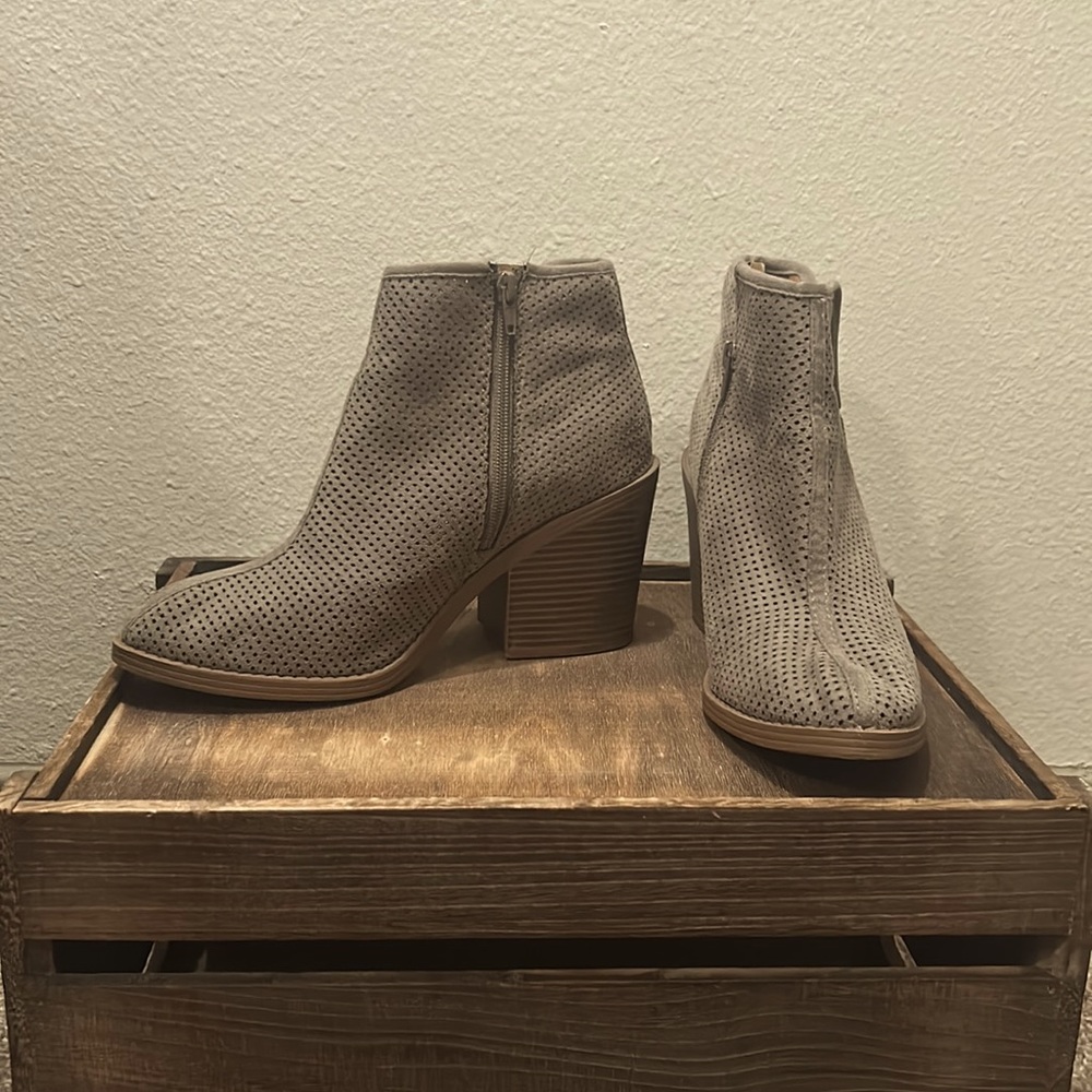 Gray tan ankle booties made by soda worn only twice